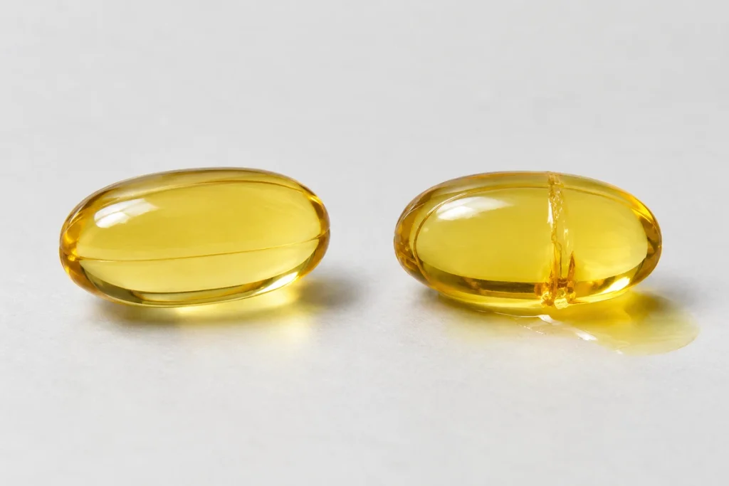 Lecithin Softgel Production: How to Prevent Leakage During Storage 2 Lecithin softgel with a leaking seam next to a properly sealed softgel