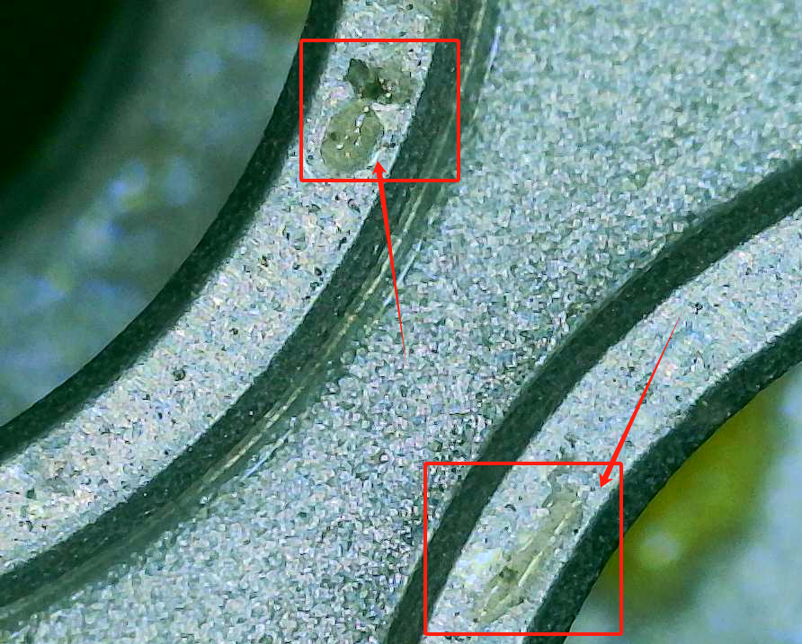 Softgel Die Roller Maintenance: How to Prevent Corrosion, Dents and Wear 9 Close-up of concave pits around softgel die roller pockets that cause leaking seams